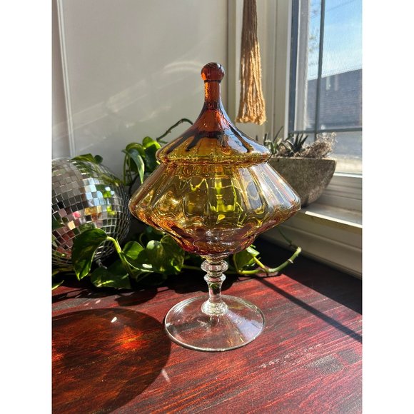 Empoli Large Vintage Amber Apothecary Jar Italian  MCM Lidded Cookie Candy Jar - Picture 1 of 6